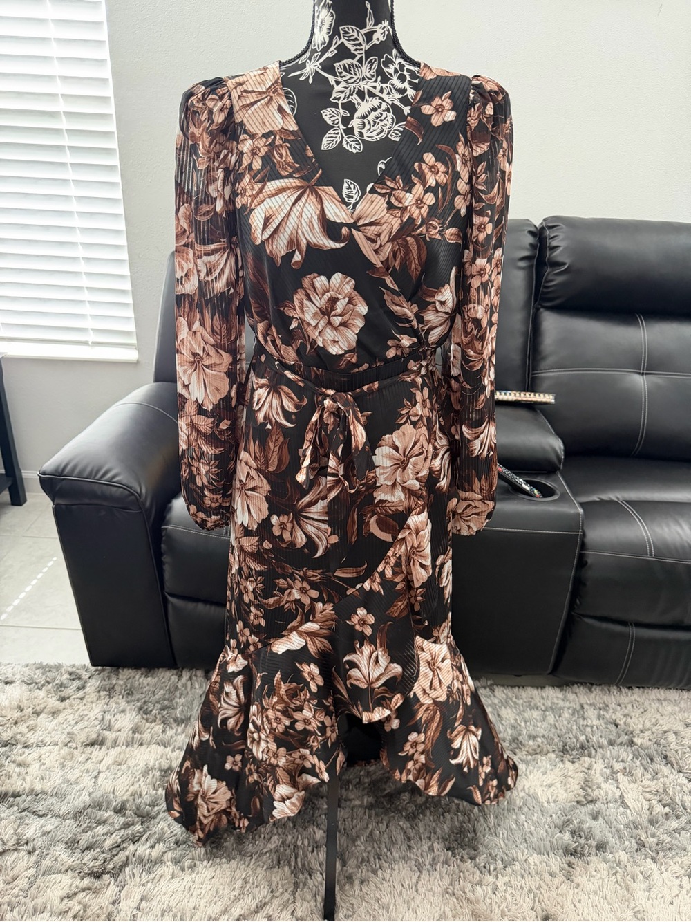 Express Black and Brown Floral Wrap Midi Dress